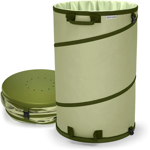 Green cylindrical pop-up container and folded cover