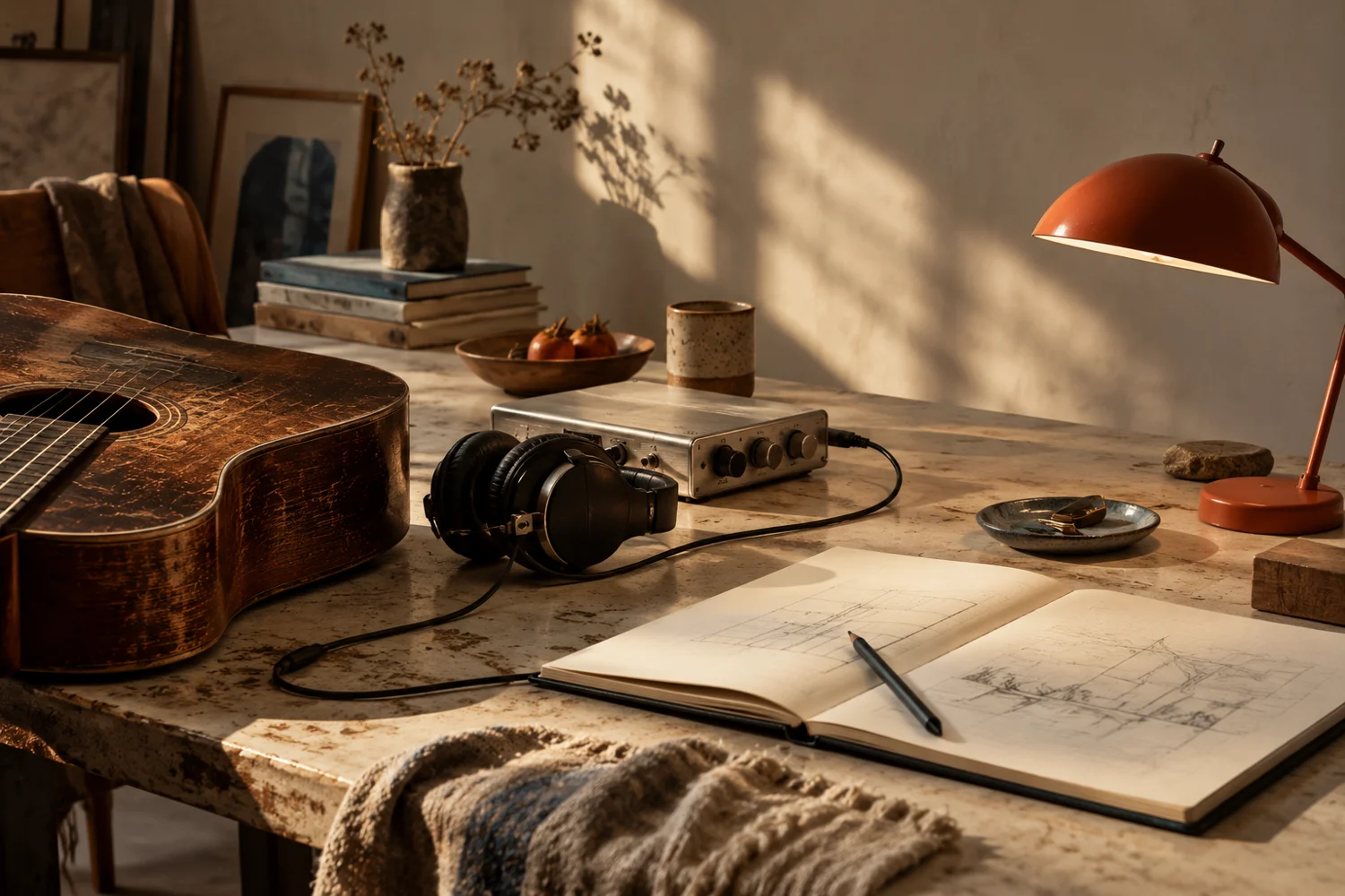 An imagined creative desk with a guitar, headphones, papers and warm window light
