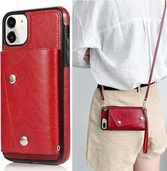 A red wallet-style phone case shown open and carried