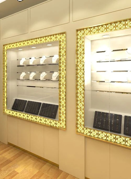 Illuminated shelves displaying jewellery